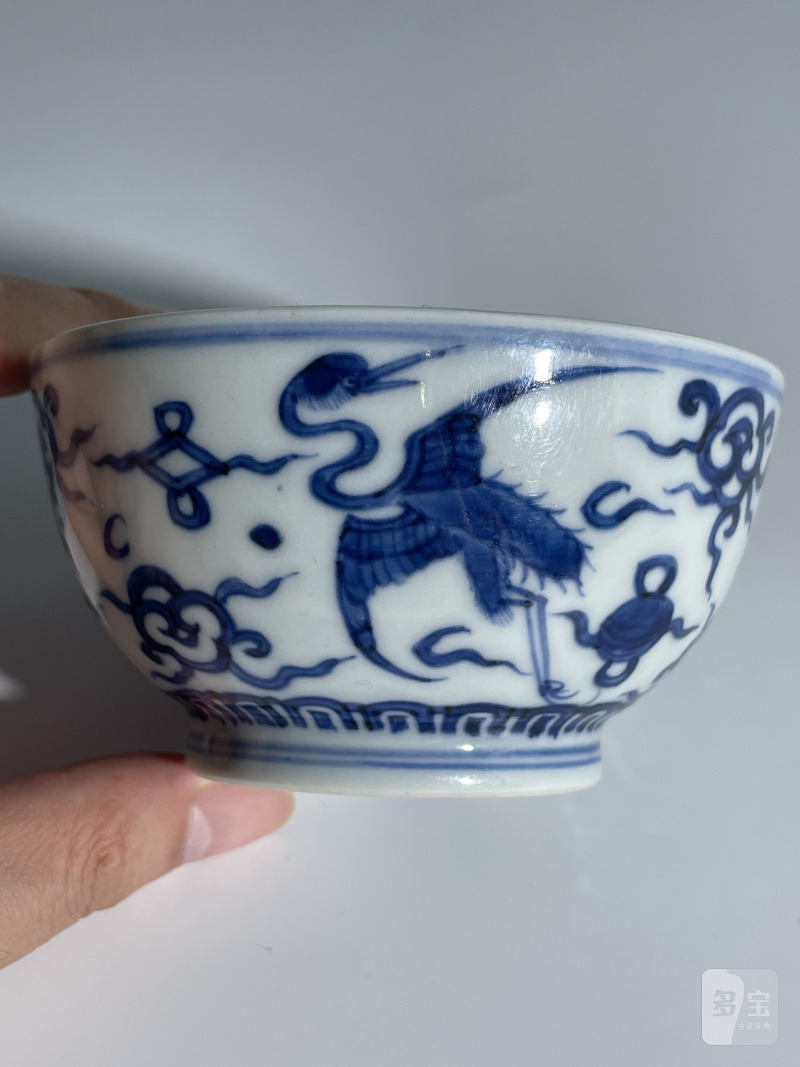 清康熙 青花仿嘉窑云鹤纹碗 - 图6